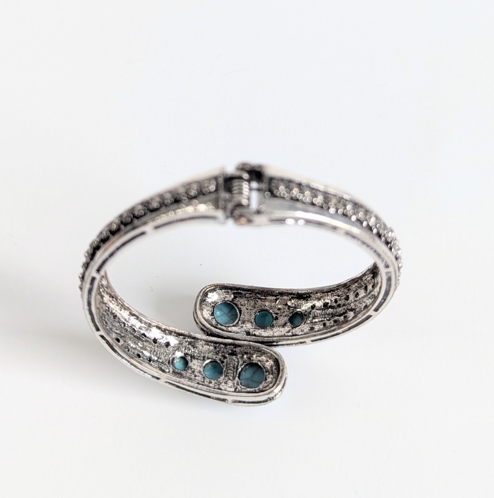 Hinged Antiqued Silver Cuff Bracelet Turquoise Cabochons Rhinestones Metal Beads - Picture 6 of 7